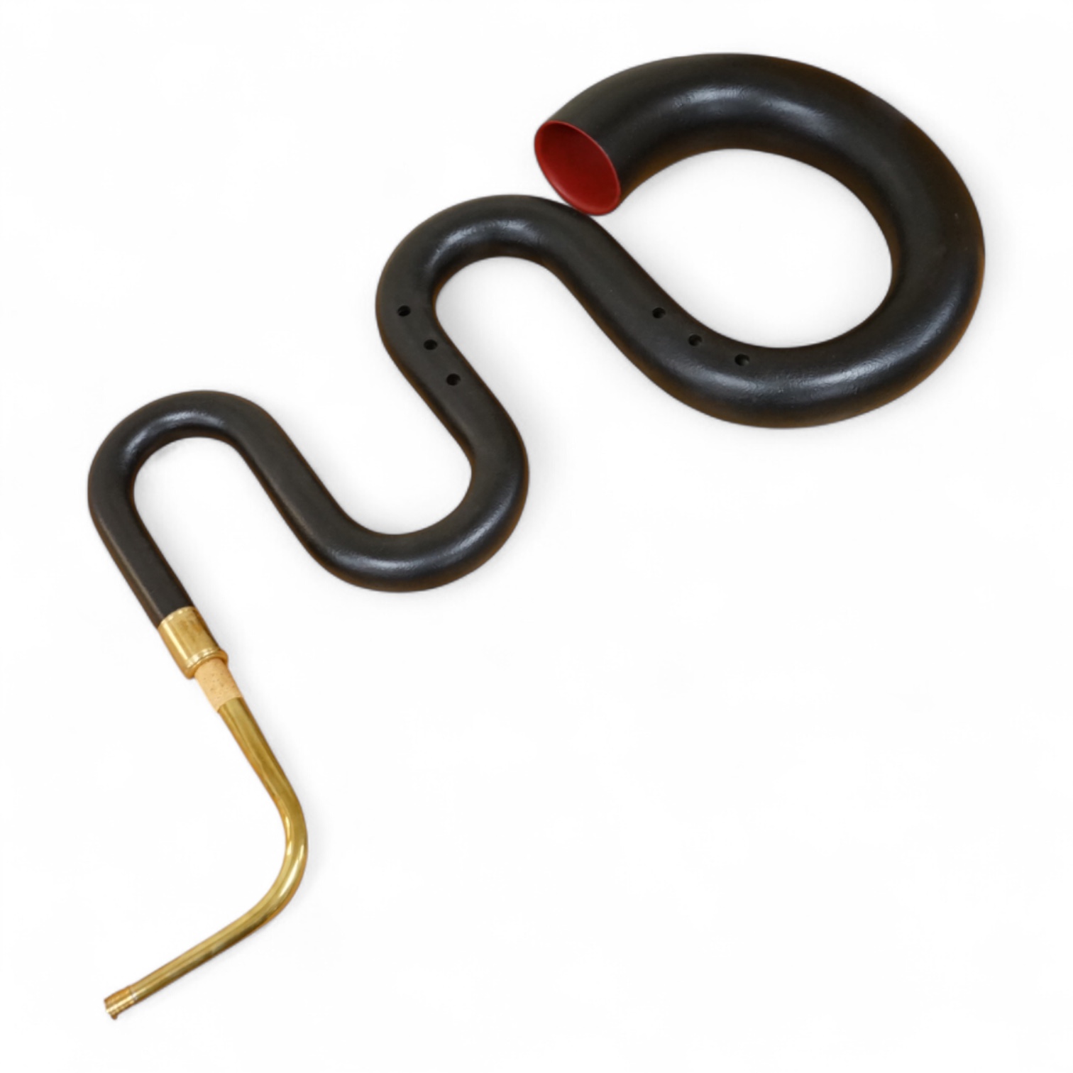 A black painted serpent open hole wind musical instrument, with brass neck (missing mouthpiece).